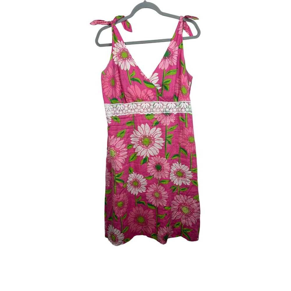 Lilly Pulitzer Shift Dress Womens 14 Pink Good Floral Linen Lace Tie Shoulder
